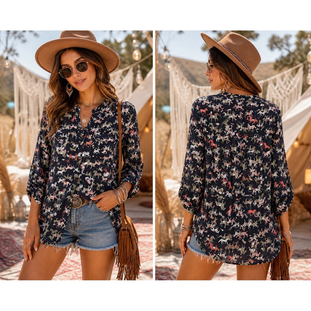 Charter Club Button Down Blouse Womens M Horse Print Navy Blue Equestrian Preppy